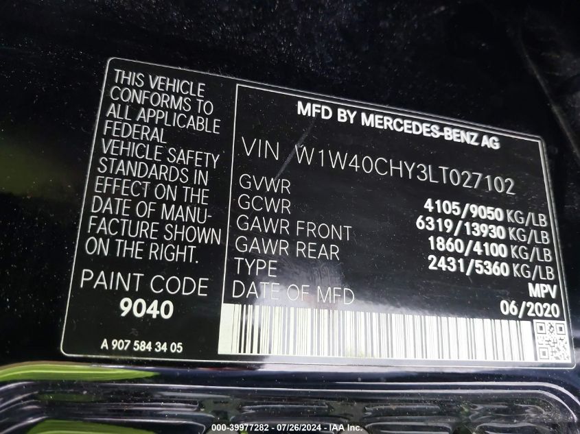 2020 Mercedes-Benz Sprinter 2500 High Roof I4 VIN: W1W40CHY3LT027102 Lot: 39977282