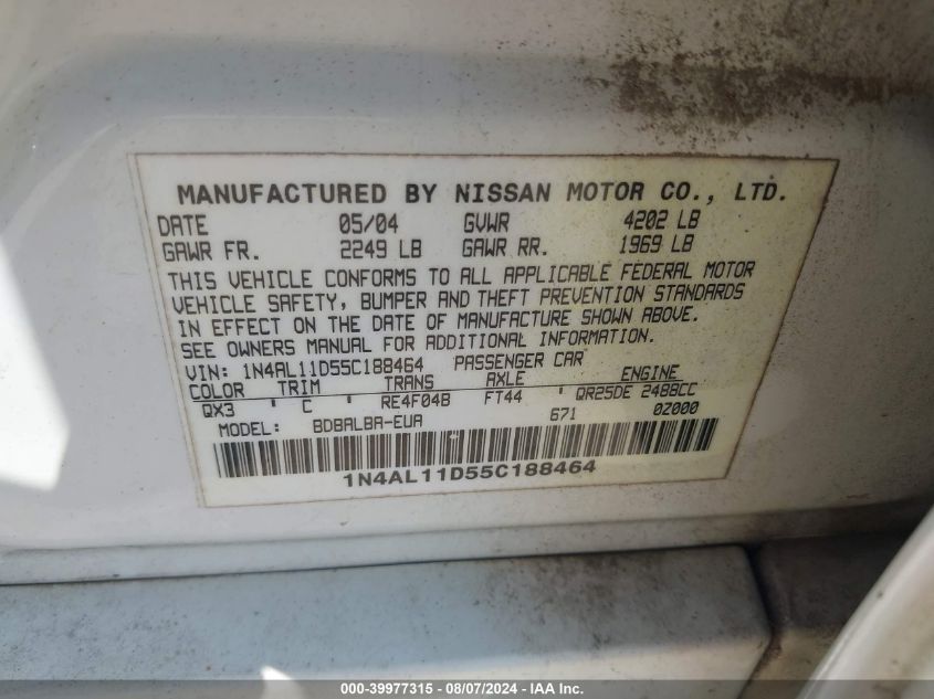 2005 Nissan Altima 2.5 S VIN: 1N4AL11D55C188464 Lot: 39977315