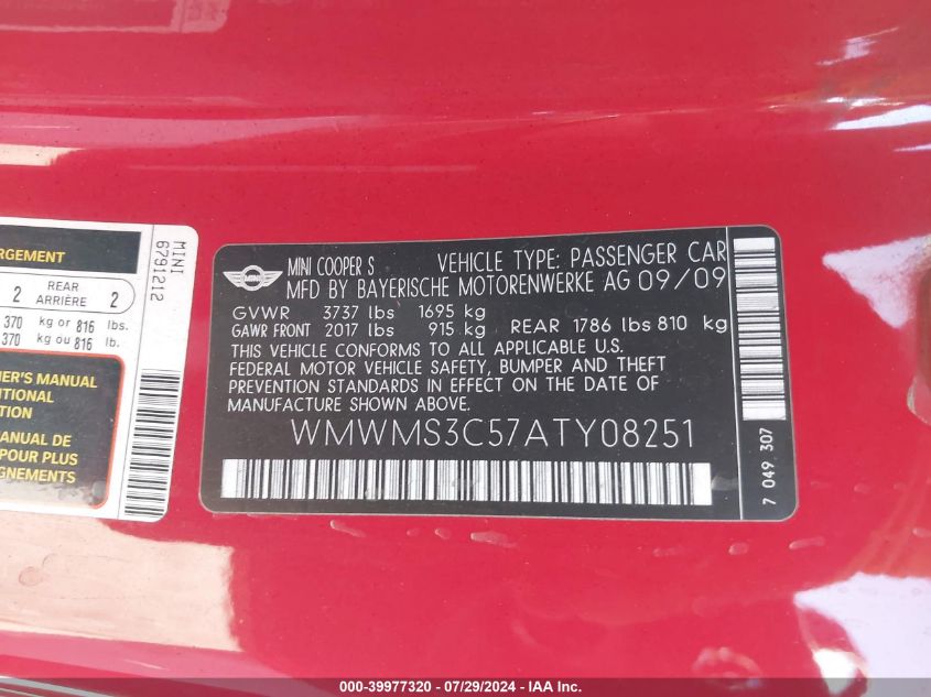 2010 Mini Cooper S VIN: WMWMS3C57ATY08251 Lot: 39977320