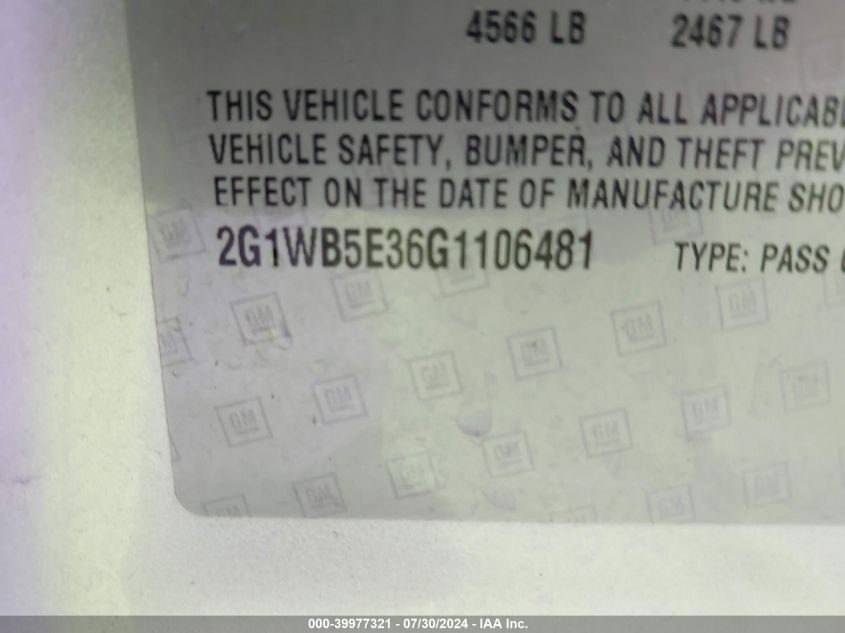 2016 Chevrolet Impala Limited Lt VIN: 2G1WB5E36G1106481 Lot: 39977321