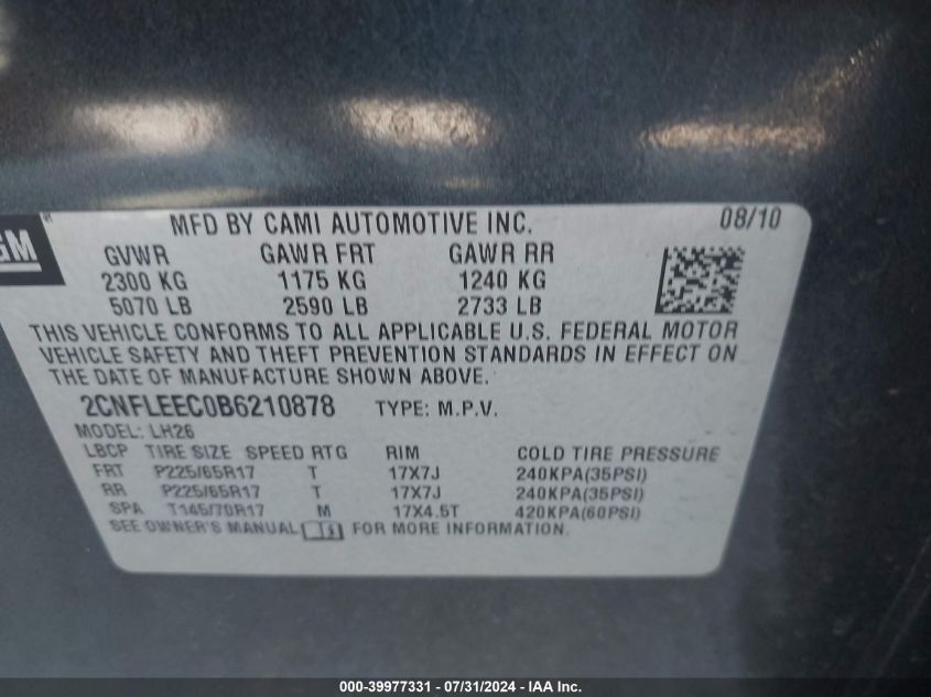 2011 Chevrolet Equinox 1Lt VIN: 2CNFLEEC0B6210878 Lot: 39977331