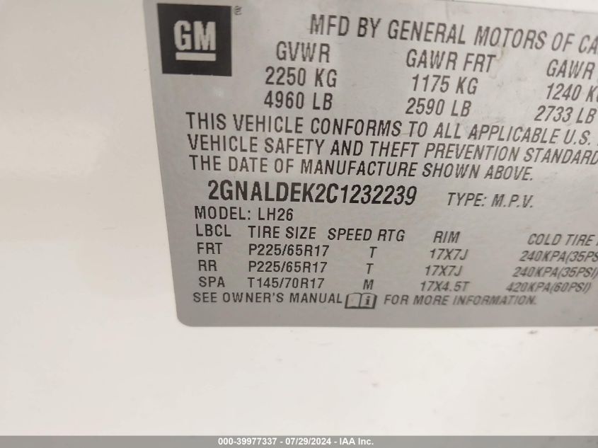 2012 Chevrolet Equinox 1Lt VIN: 2GNALDEK2C1232239 Lot: 39977337