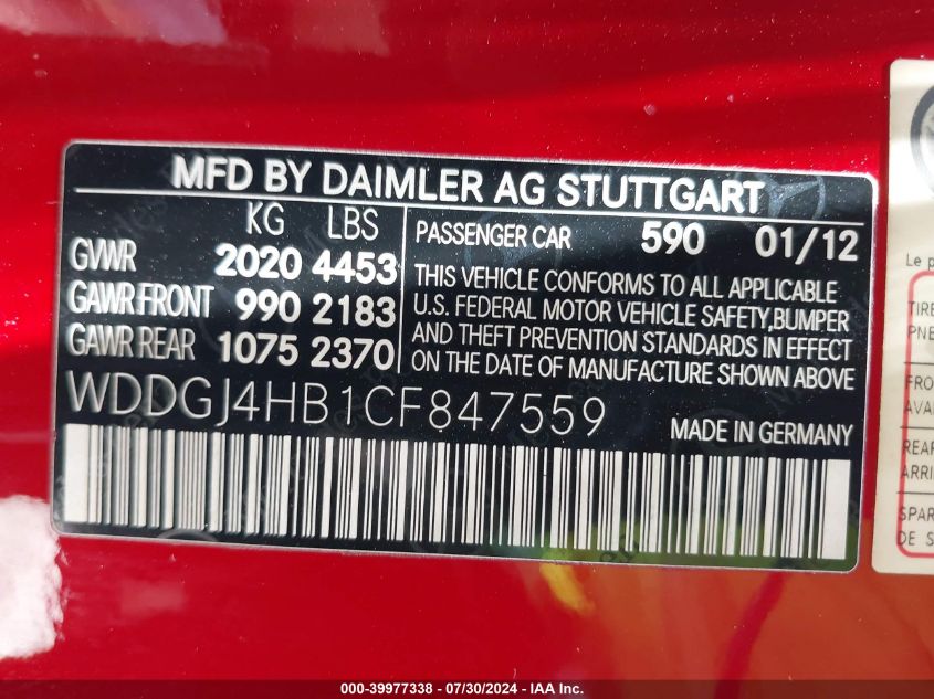 2012 Mercedes-Benz C 250 VIN: WDDGJ4HB1CF847559 Lot: 39977338