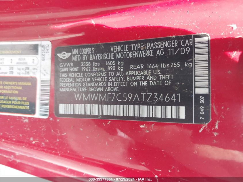 2010 Mini Cooper S VIN: WMWMF7C59ATZ34641 Lot: 39977354