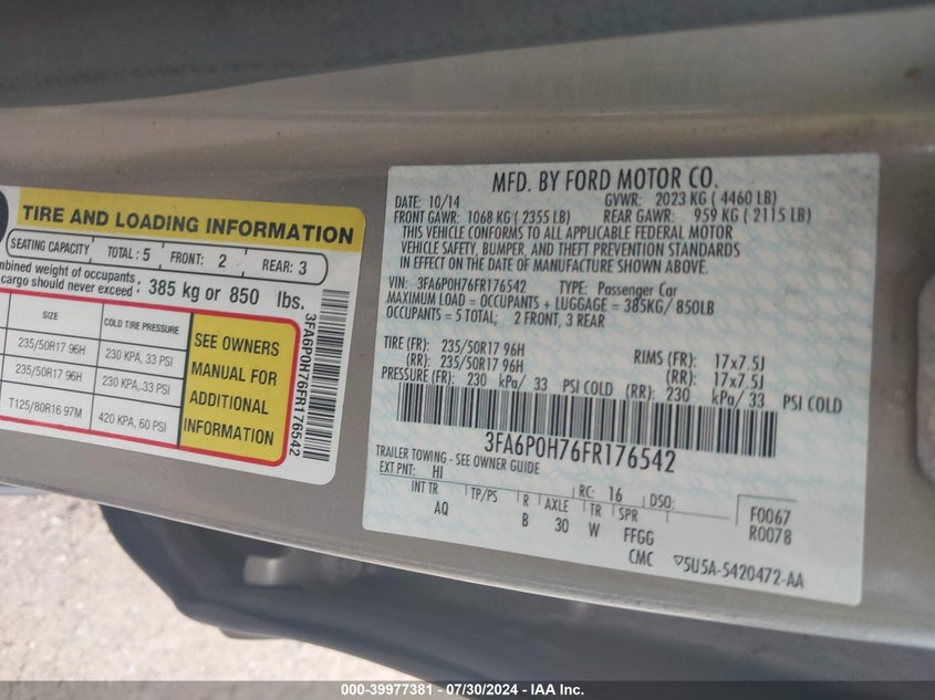 2015 Ford Fusion Se VIN: 3FA6P0H76FR176542 Lot: 39977381