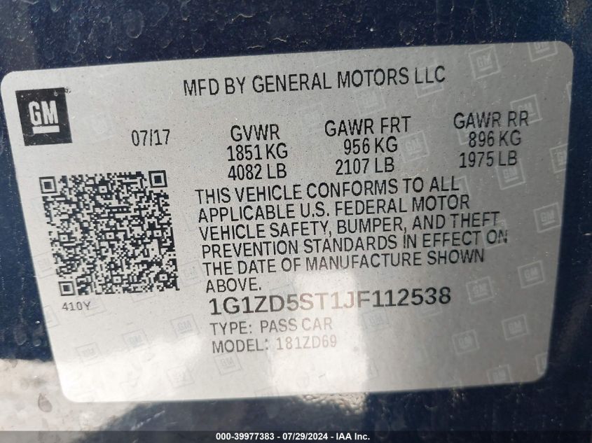 2018 Chevrolet Malibu Lt VIN: 1G1ZD5ST1JF112538 Lot: 39977383