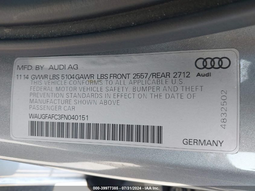 2015 Audi A6 2.0T Premium VIN: WAUGFAFC3FN040151 Lot: 39977385