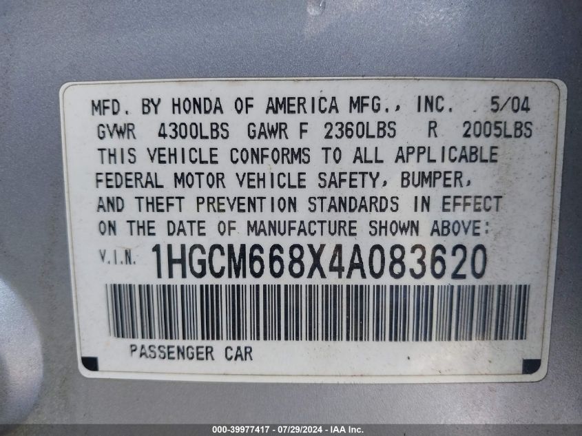 2004 Honda Accord 3.0 Ex VIN: 1HGCM668X4A083620 Lot: 39977417