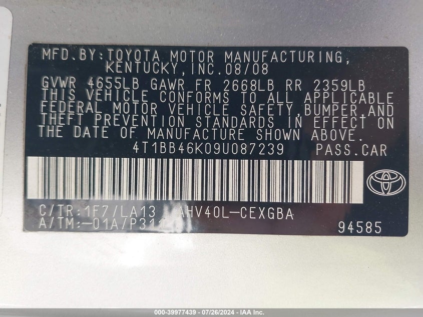 2009 Toyota Camry Hybrid VIN: 4T1BB46K09U087239 Lot: 39977439