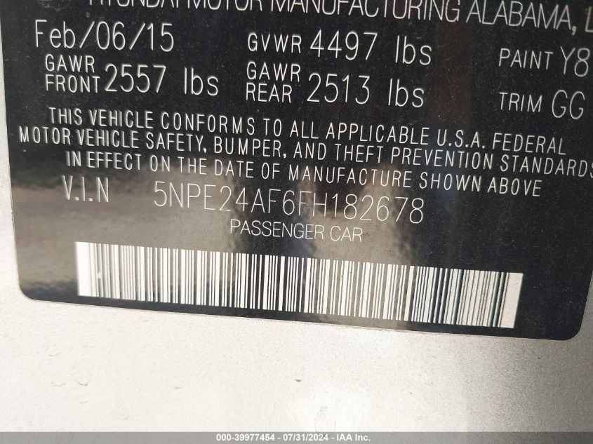 2015 Hyundai Sonata Se VIN: 5NPE24AF6FH182678 Lot: 39977454