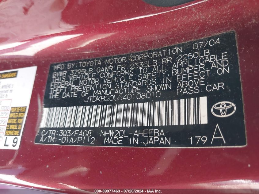 2004 Toyota Prius VIN: JTDKB20U540108010 Lot: 39977463