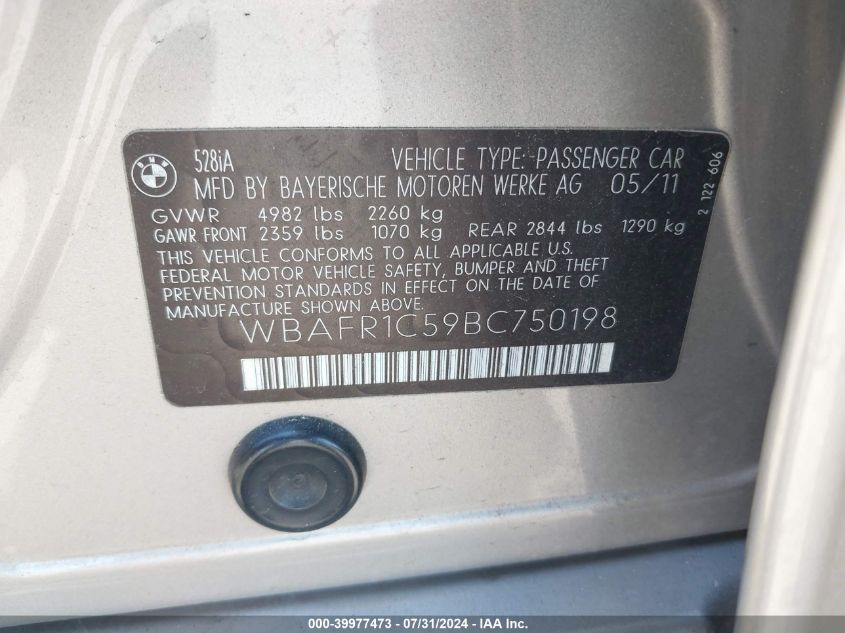 2011 BMW 528I VIN: WBAFR1C59BC750198 Lot: 39977473