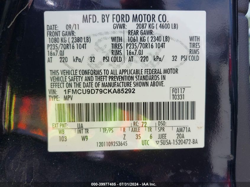 2012 Ford Escape Xlt VIN: 1FMCU9D79CKA85292 Lot: 39977485