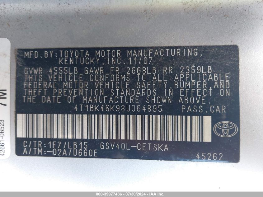 2008 Toyota Camry VIN: 4T1BK46K98U064895 Lot: 39977486