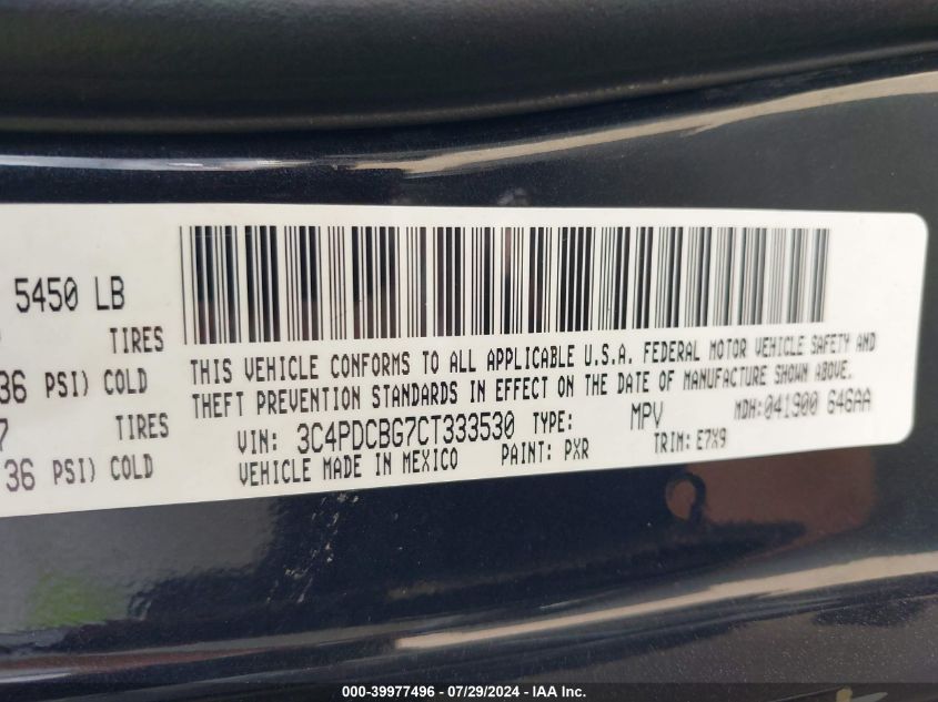 2012 Dodge Journey Sxt VIN: 3C4PDCBG7CT333530 Lot: 39977496