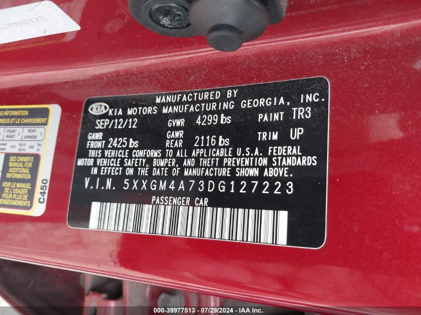 2013 Kia Optima Lx VIN: 5XXGM4A73DG127223 Lot: 39977513