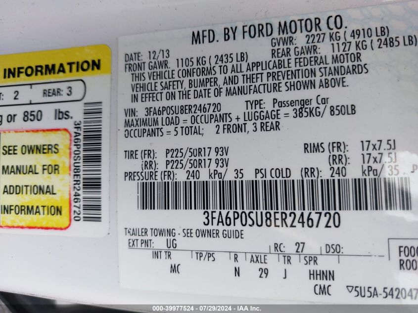 3FA6P0SU8ER246720 | 2014 FORD FUSION ENERGI