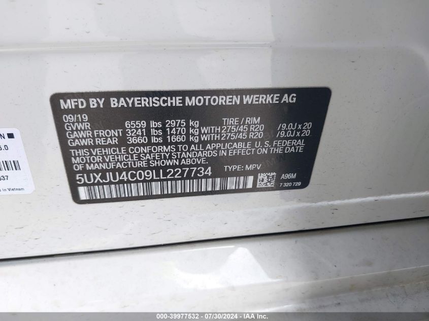 2020 BMW X5 M50I VIN: 5UXJU4C09LL227734 Lot: 39977532