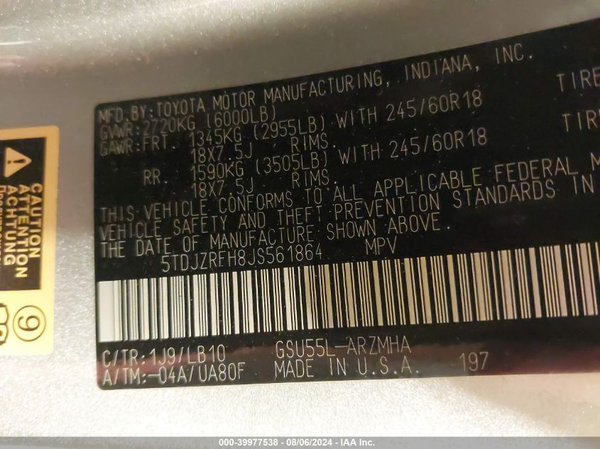 2018 Toyota Highlander Xle VIN: 5TDJZRFH8JS561864 Lot: 39977538