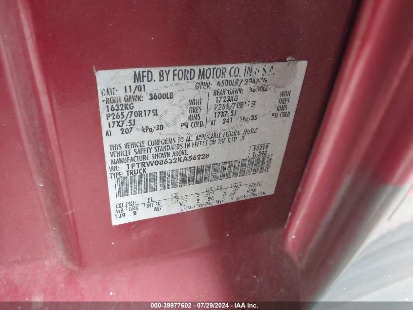 2002 Ford F-150 King Ranch/Lariat/Xlt VIN: 1FTRW08632KA56228 Lot: 39977602