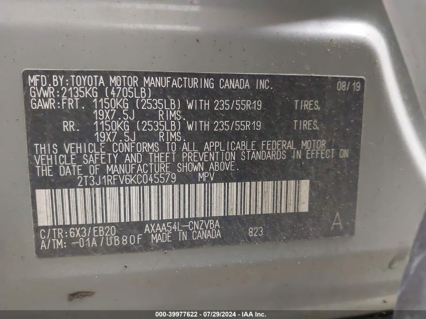 2019 Toyota Rav4 Adventure VIN: 2T3J1RFV6KC045579 Lot: 39977622