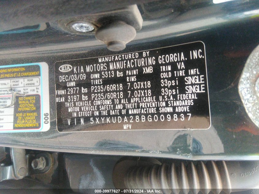 5XYKUDA28BG009837 2011 Kia Sorento Ex V6