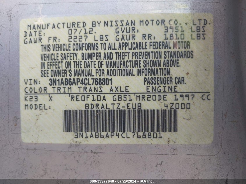 2012 Nissan Sentra 2.0/2.0S/Sr/2.0Sl VIN: 3N1AB6AP4CL768801 Lot: 39977640