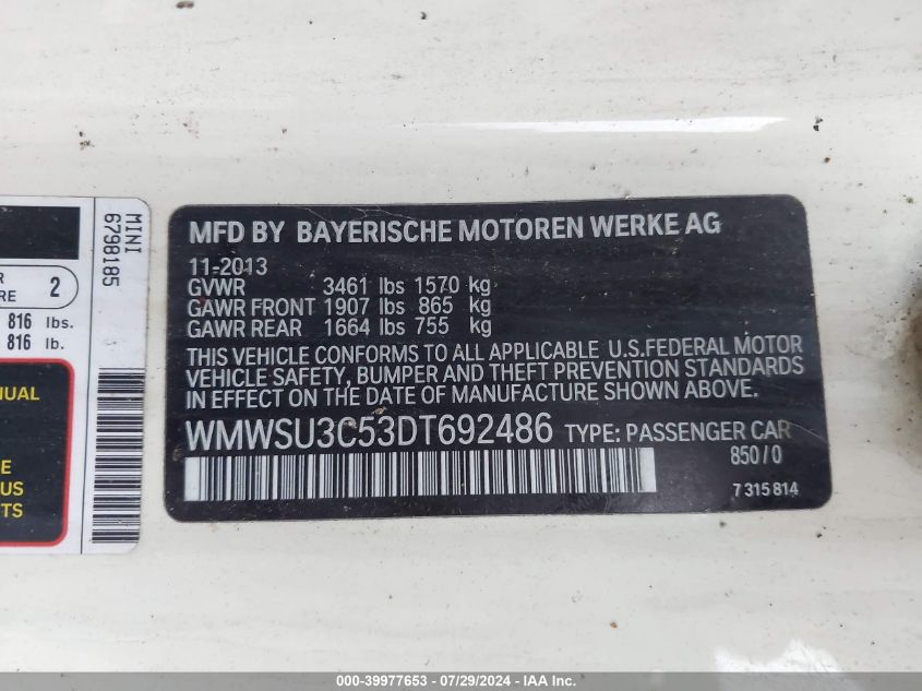 2013 Mini Cooper VIN: WMWSU3C53DT692486 Lot: 39977653
