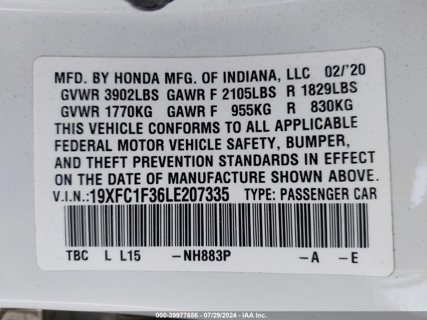 2020 Honda Civic Ex VIN: 19XFC1F36LE207335 Lot: 39977656