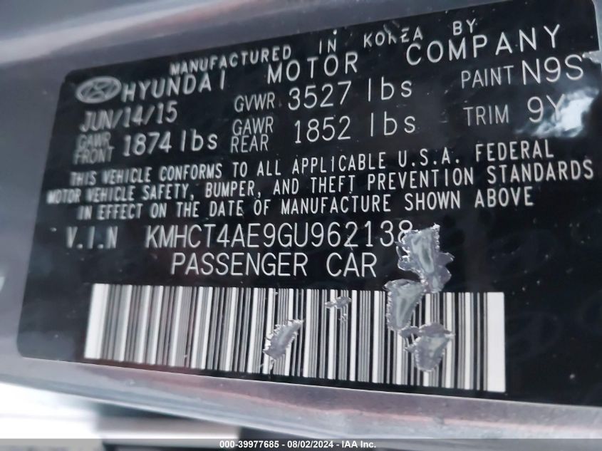 2016 Hyundai Accent Se VIN: KMHCT4AE9GU962138 Lot: 39977685