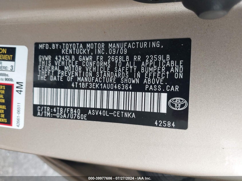 2010 Toyota Camry Le VIN: 4T1BF3EK1AU046364 Lot: 39977686