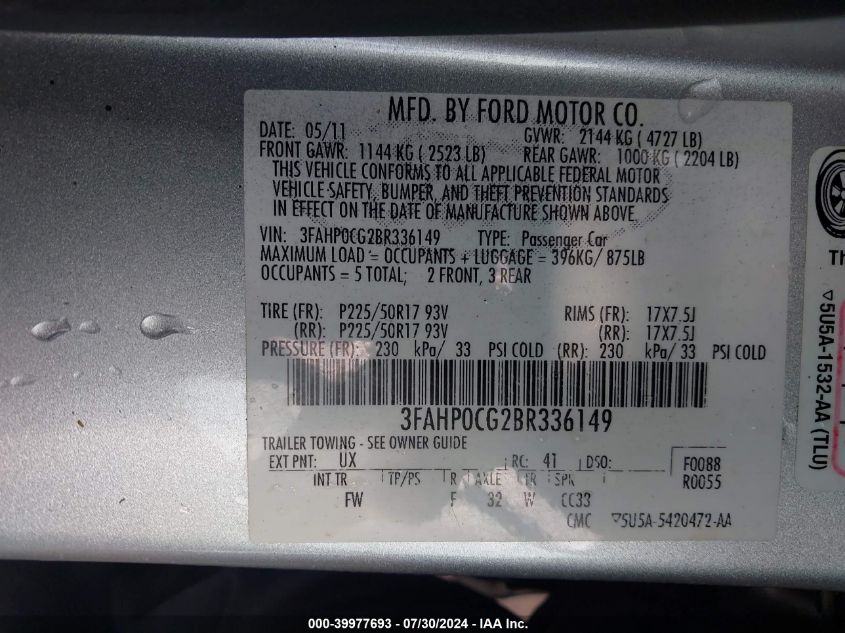 2011 Ford Fusion Sel VIN: 3FAHP0CG2BR336149 Lot: 39977693