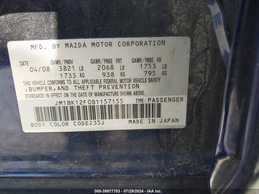 2008 Mazda Mazda3 I Sport VIN: JM1BK12F081157155 Lot: 39977703