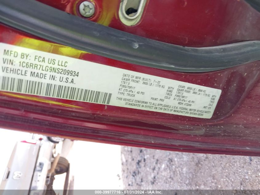 2022 Ram 1500 Classic Slt VIN: 1C6RR7LG9NS209934 Lot: 39977716