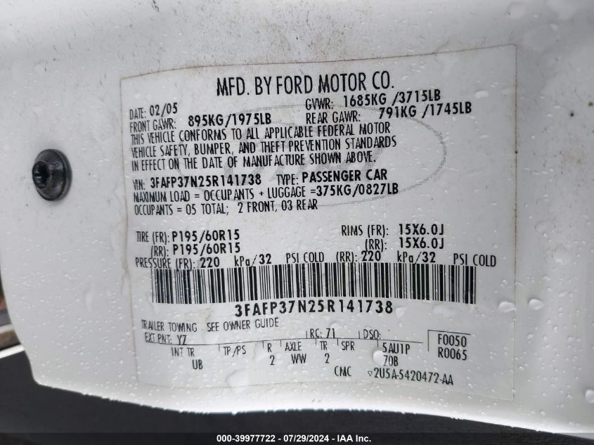 3FAFP37N25R141738 2005 Ford Focus Zx5