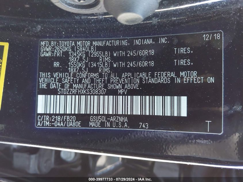 2019 Toyota Highlander Le/Le Plus VIN: 5TDZZRFHXKS308307 Lot: 39977733