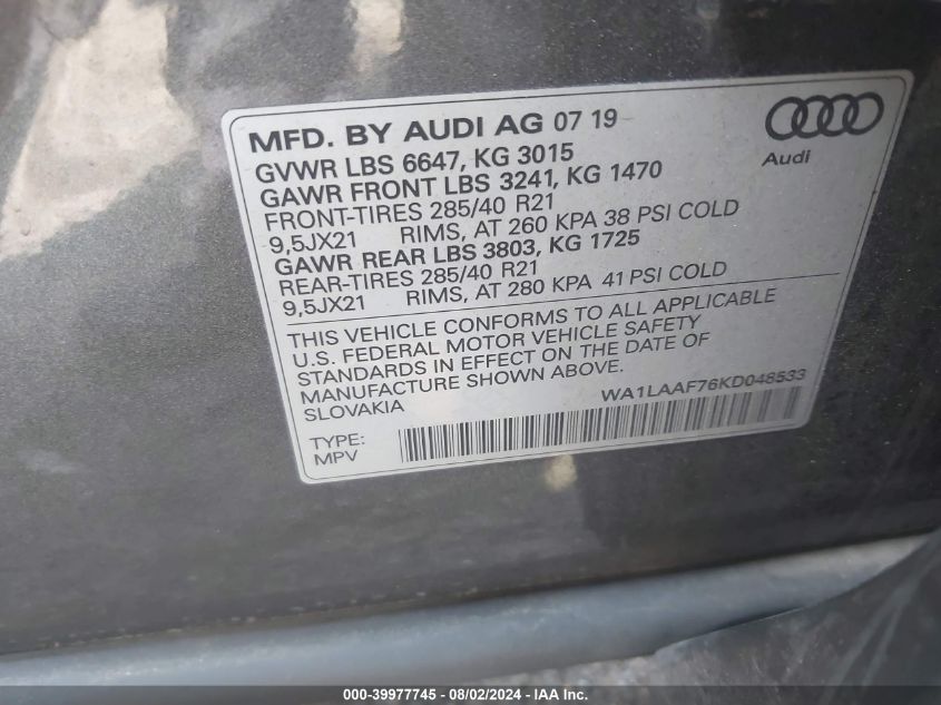 2019 Audi Q7 Premium Plus/Se Premium P VIN: WA1LAAF76KD048533 Lot: 39977745