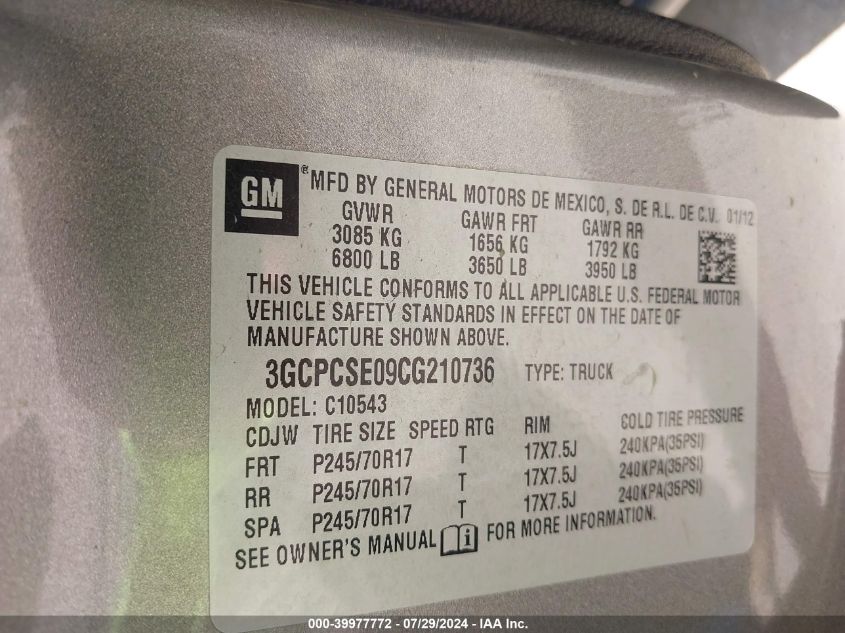 2012 Chevrolet Silverado 1500 Lt VIN: 3GCPCSE09CG210736 Lot: 39977772