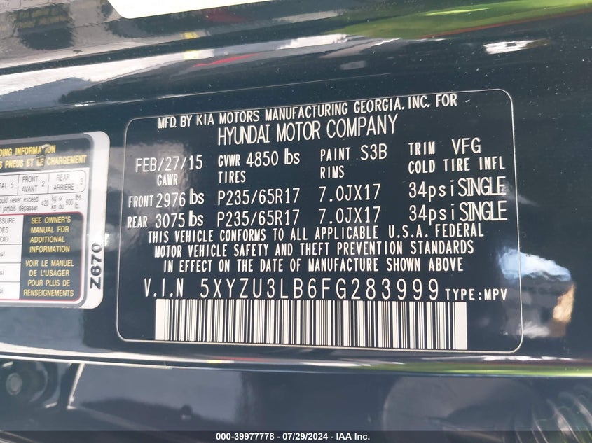 2015 Hyundai Santa Fe Sport 2.4L VIN: 5XYZU3LB6FG283999 Lot: 39977778
