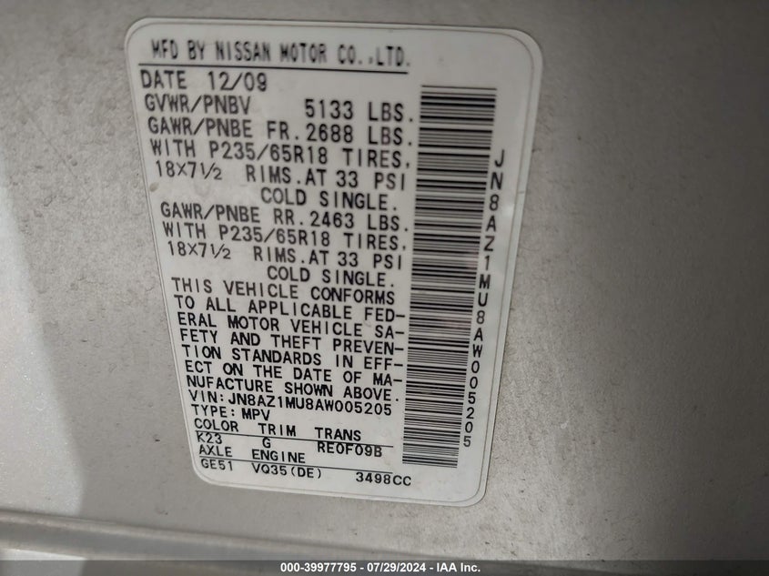 2010 Nissan Murano S VIN: JN8AZ1MU8AW005205 Lot: 39977795