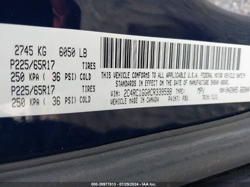 2012 Chrysler Town & Country Limited VIN: 2C4RC1GG0CR339598 Lot: 39977813