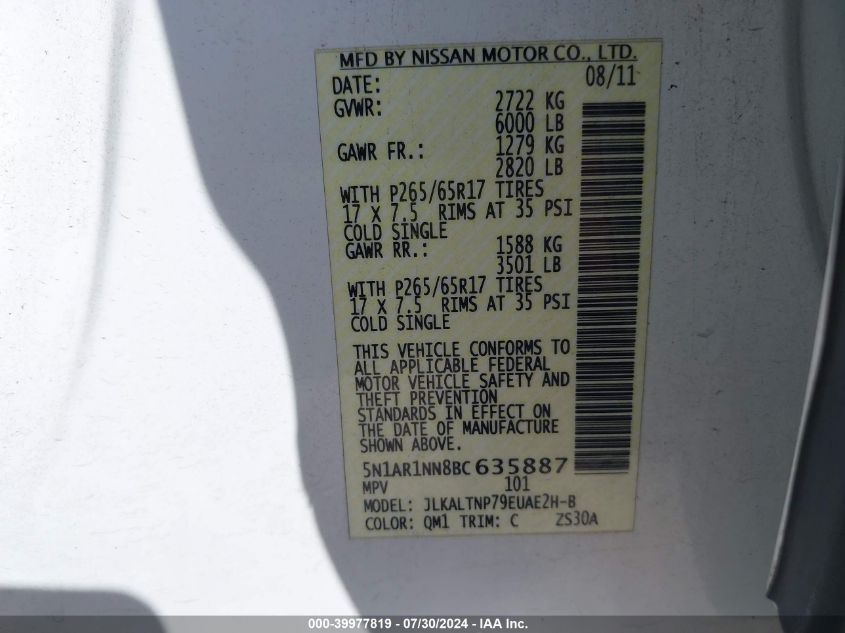 2011 Nissan Pathfinder S/Le/Se VIN: 5N1AR1NN8BC635887 Lot: 39977819