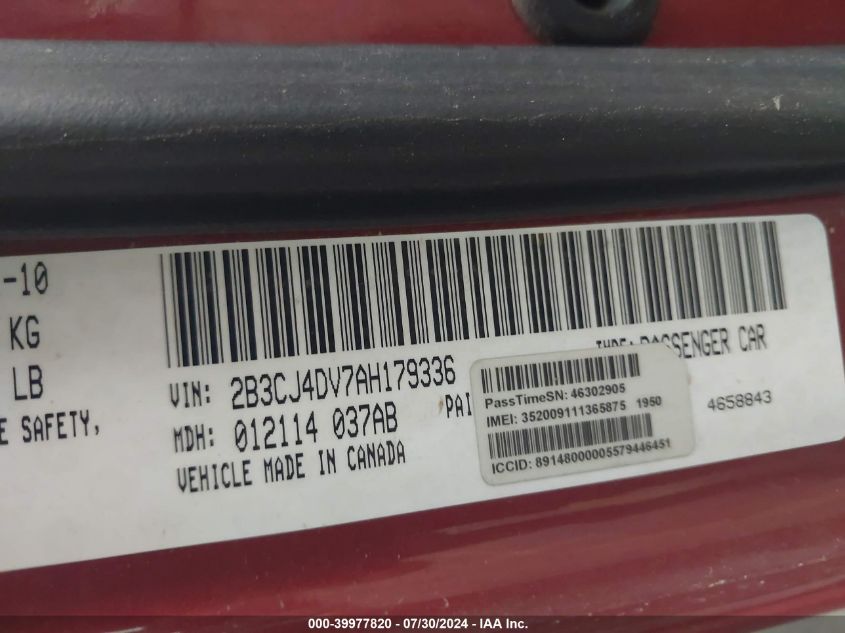 2010 Dodge Challenger Se VIN: 2B3CJ4DV7AH179336 Lot: 39977820