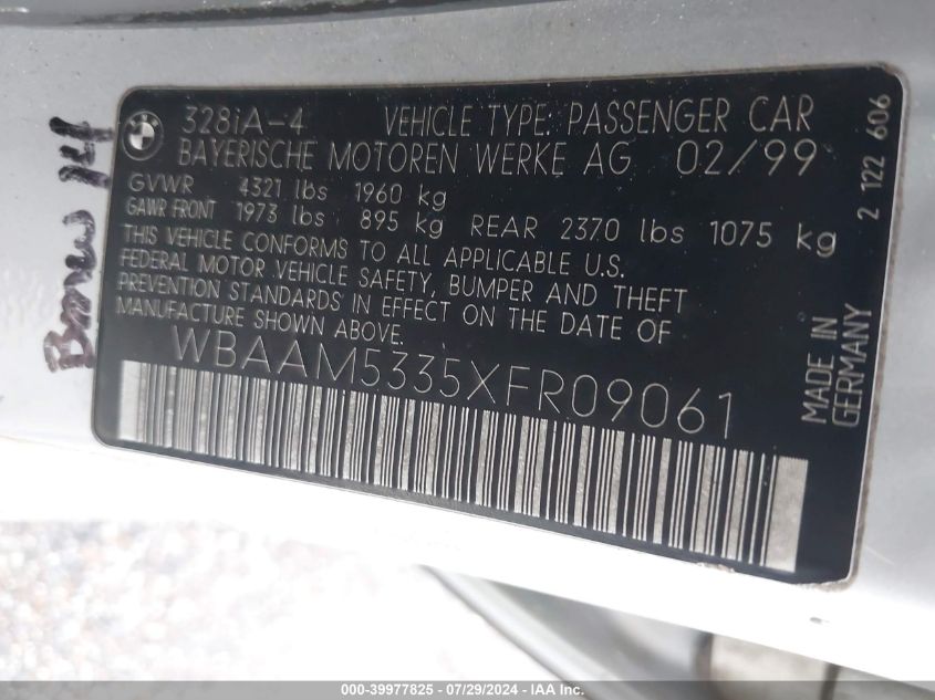 1999 BMW 328I I Automatic VIN: WBAAM5335XFR09061 Lot: 39977825