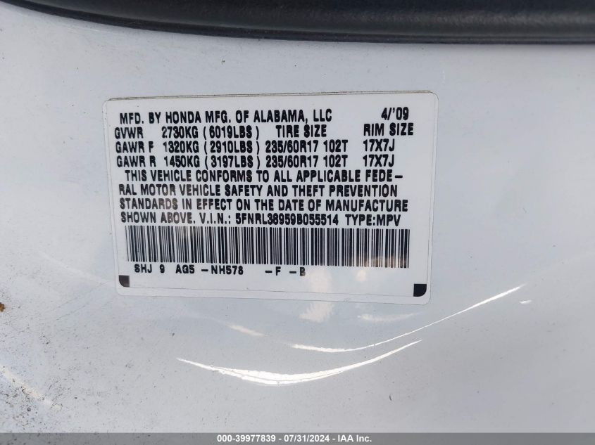 2009 Honda Odyssey Touring VIN: 5FNRL38959B055514 Lot: 39977839