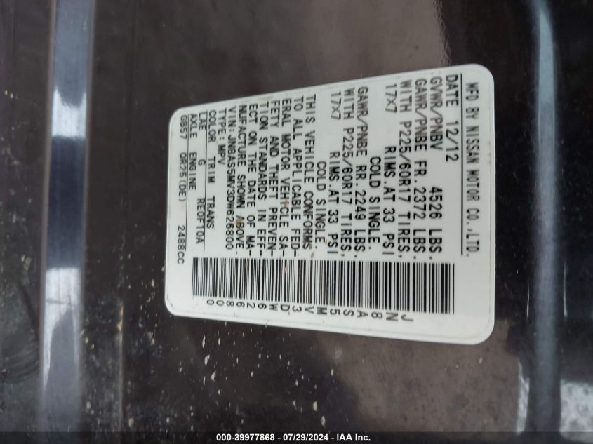 2013 Nissan Rogue Sv VIN: JN8AS5MV3DW626800 Lot: 39977868