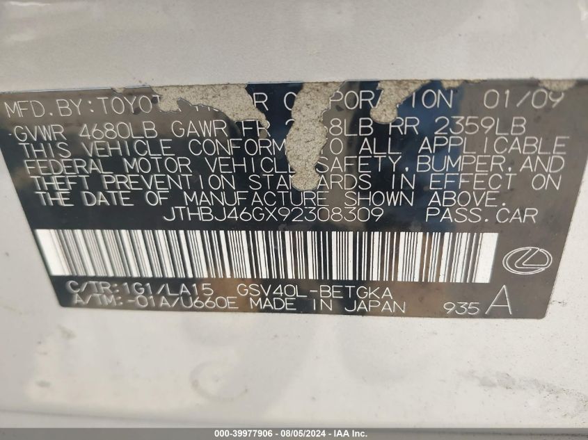 2009 Lexus Es 350 VIN: JTHBJ46GX92308309 Lot: 39977906