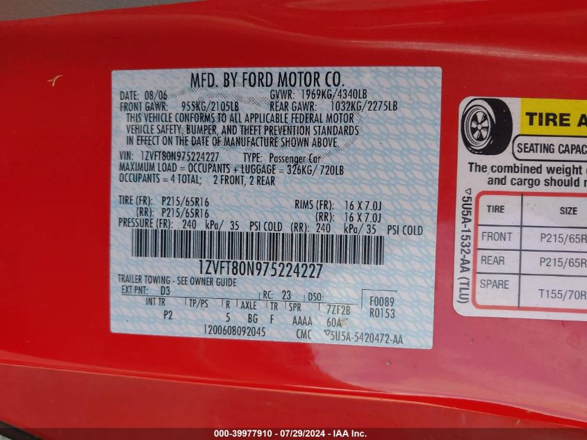2007 Ford Mustang V6 Deluxe/V6 Premium VIN: 1ZVFT80N975224227 Lot: 39977910