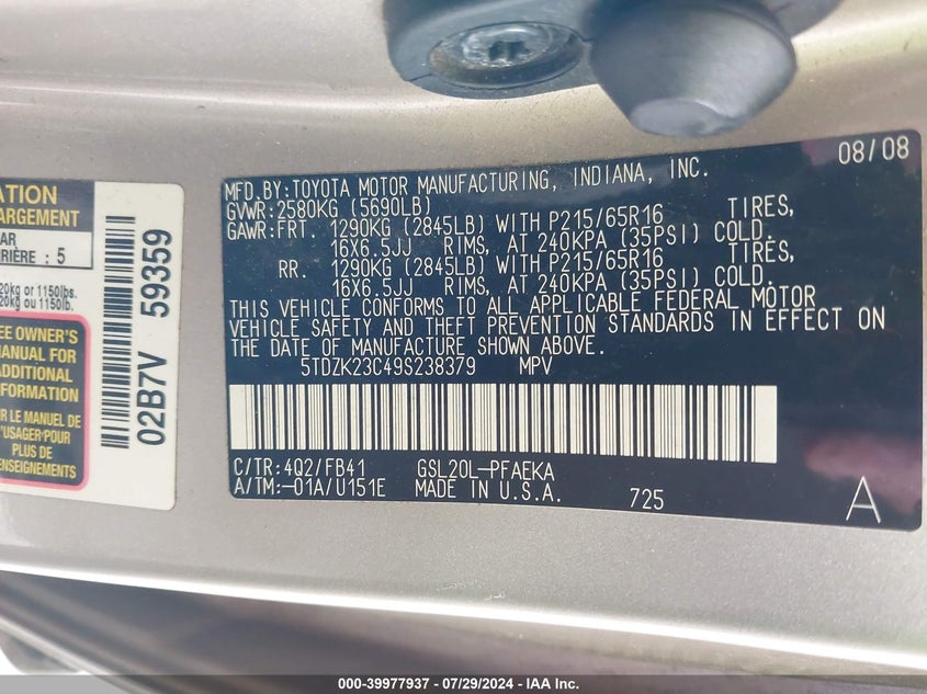 2009 Toyota Sienna Ce VIN: 5TDZK23C49S238379 Lot: 39977937