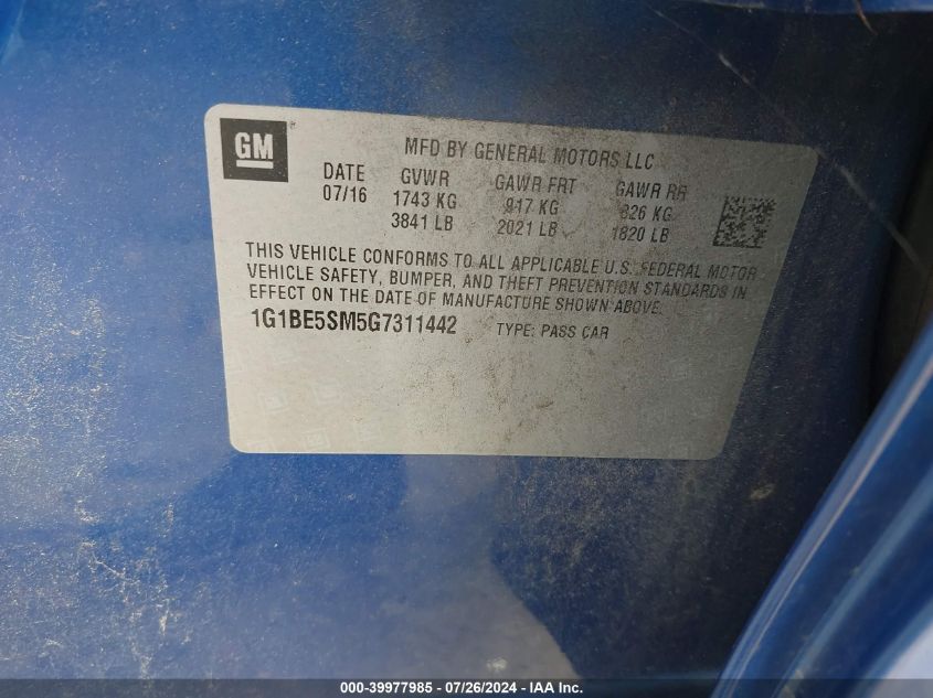2016 Chevrolet Cruze Lt Auto VIN: 1G1BE5SM5G7311442 Lot: 39977985